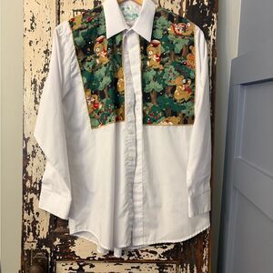 Quacker Factory Teddy Bear and pie vintage White Shirt with Green Embroidery. L